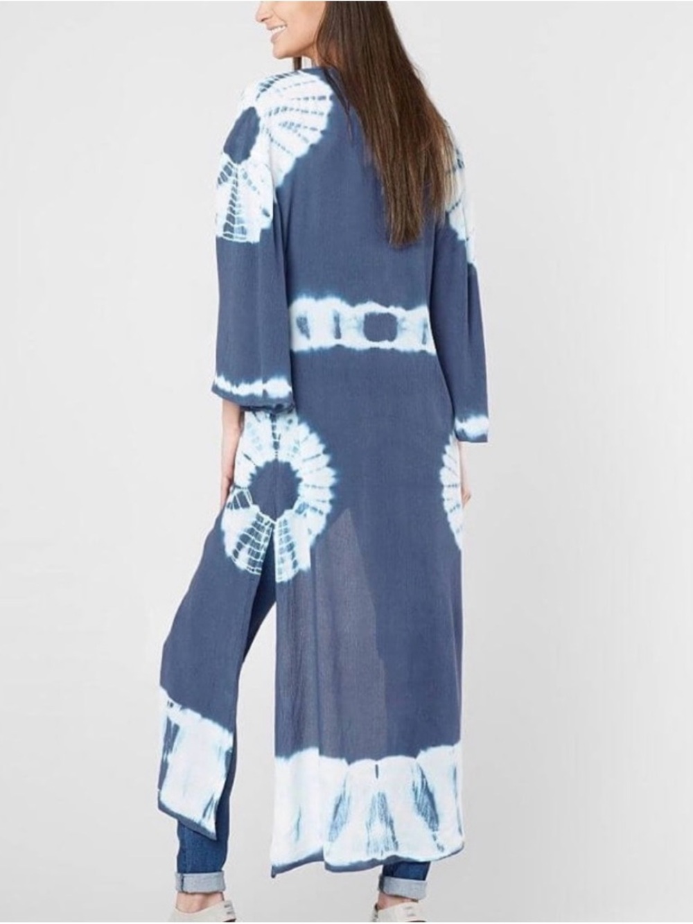 Amuse Society Navy and White Tie-Dye Long Kimono